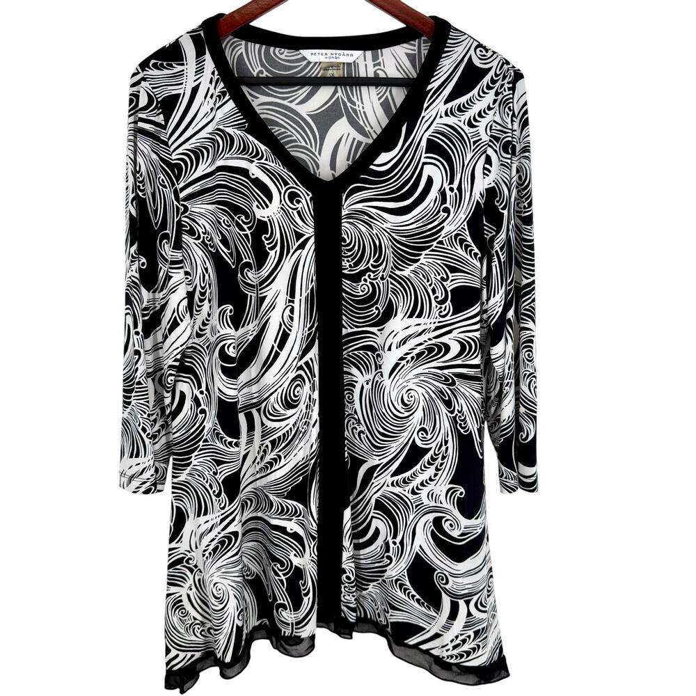 Peter Nygard Woman Plus Size 1X Black White Stretchy Blouse Shirt Top Artsy